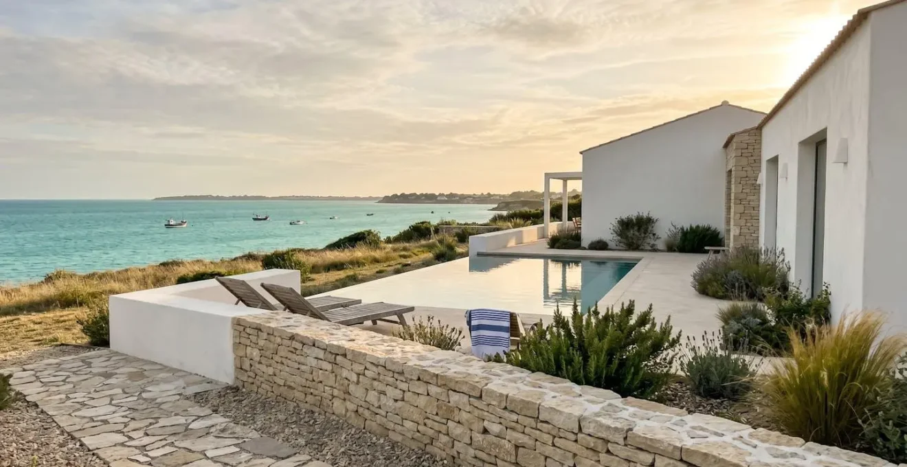 Contemporary white luxury villa with infinity pool overlooking turquoise coastal waters and natural Mediterranean landscape at golden hour