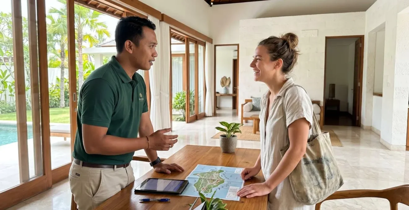 Over-shoulder view of professional concierge consulting with guest in bright contemporary villa interior with natural lighting
