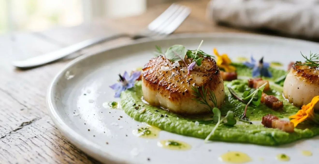 Extreme close-up of elegantly plated gourmet meal with fresh herbs and artistic presentation on white porcelain against clean surface