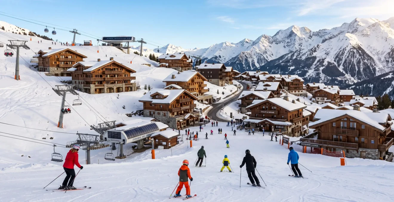 Wide view of Courchevel 1850 village with traditional Alpine chalets positioned along active ski slopes, lift stations visible, and skiers descending pistes under clear mountain sky