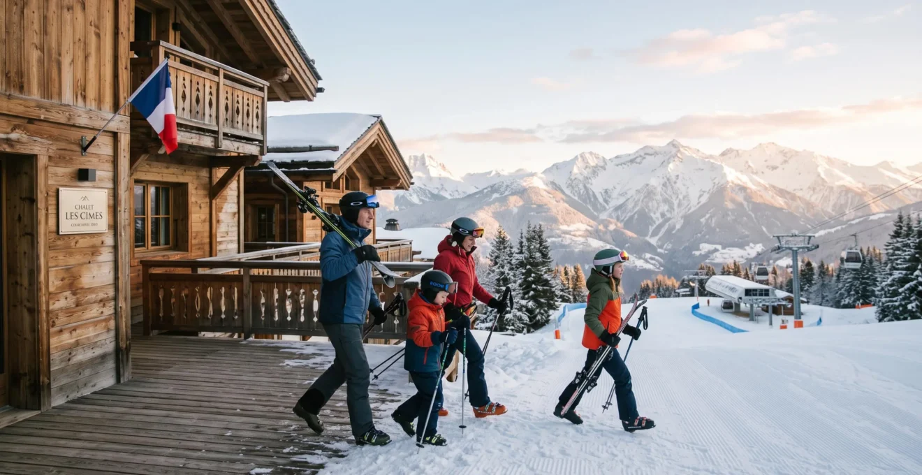 Family in ski gear stepping from wooden chalet terrace directly onto snowy piste in Courchevel, with Alpine peaks and ski lifts visible in golden morning light