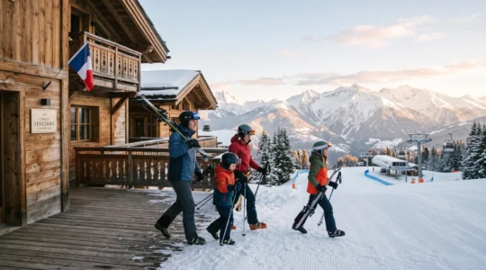 Family in ski gear stepping from wooden chalet terrace directly onto snowy piste in Courchevel, with Alpine peaks and ski lifts visible in golden morning light