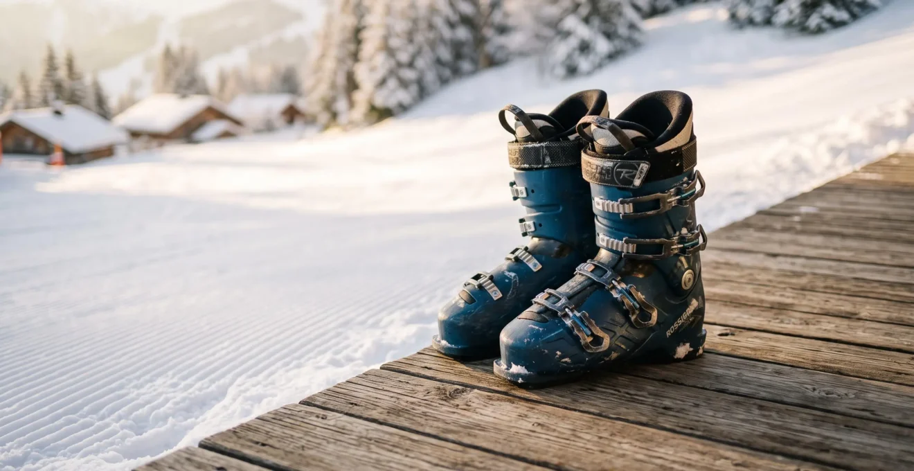 Ski boots on wooden chalet terrace with groomed snow slope beginning immediately at deck edge, demonstrating zero-gap slope access