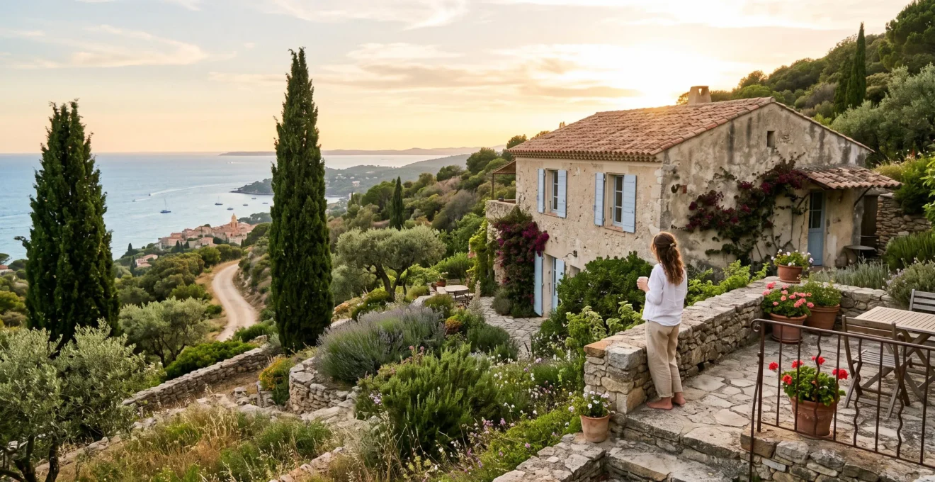 A stone bastide overlooks the Mediterranean from a Ramatuelle hillside at golden hour.