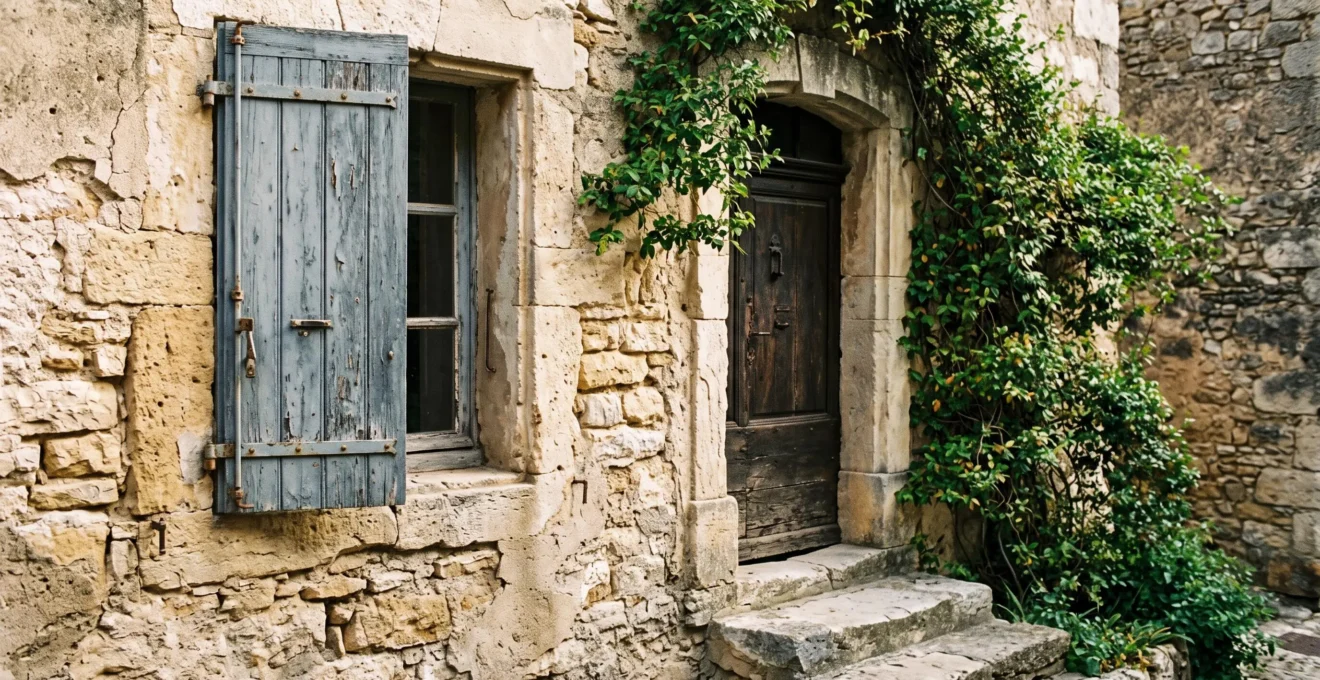 Weathered limestone facade and wooden shutters of a traditional bastide in morning light.