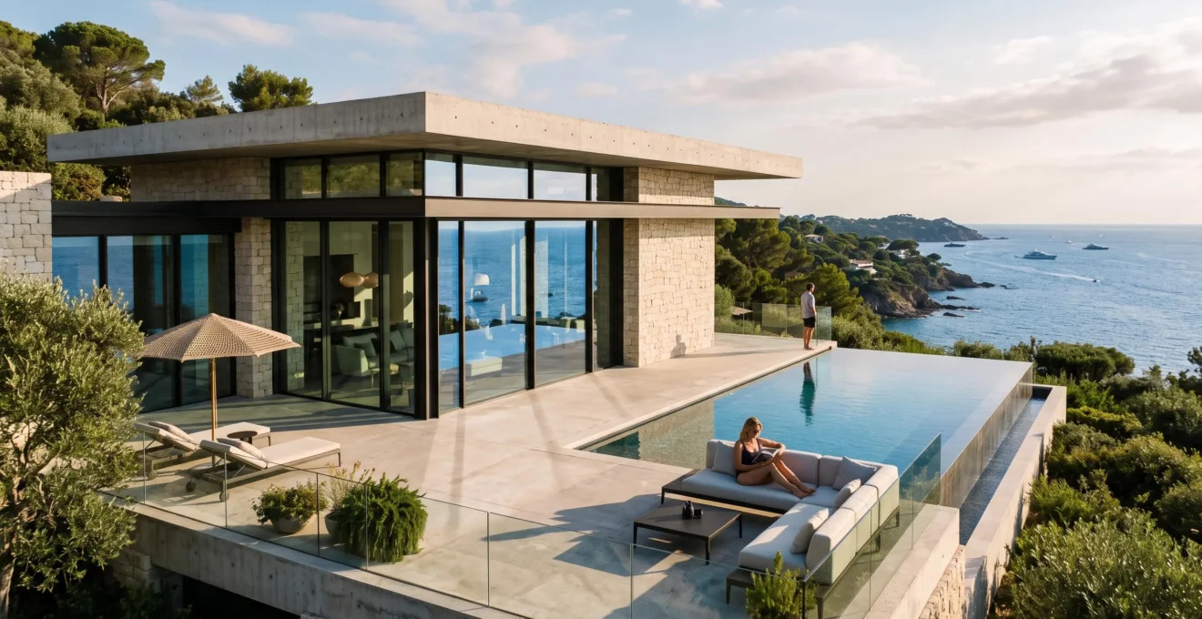 A contemporary glass-walled villa with an infinity pool overlooking the Mediterranean horizon.